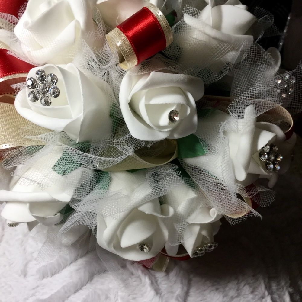 White, red, cream & silver Quinceañera Bouquet💞